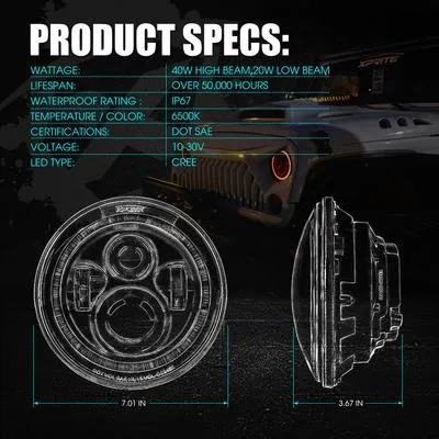 Xprite LED Headlights Jeep Wrangler JK (97-18) 7" 90W CREE LED Headlights RGB Halo