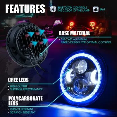 Xprite LED Headlights Jeep Wrangler JK (97-18) 7" 90W CREE LED Headlights RGB Halo