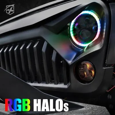Xprite LED Headlights Jeep Wrangler JK (97-18) 7" 90W Exhibit Series CREE LED w/ RGB Chasing Halo