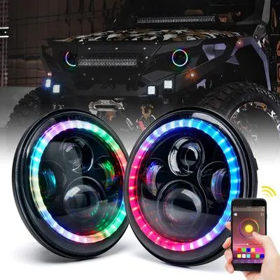 Xprite LED Headlights Jeep Wrangler JK (97-18) 7" 90W Exhibit Series CREE LED w/ RGB Chasing Halo