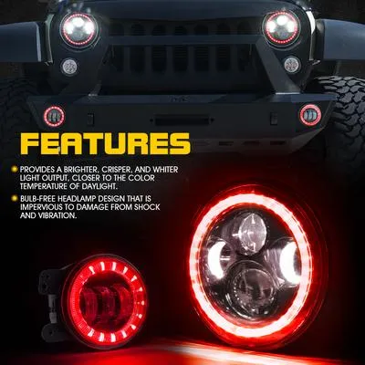 Xprite LED Headlights Jeep Wrangler JK (97-18) 7" 90W LED Headlight & Fog Light w/ RGB Halo Combo