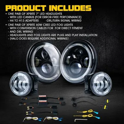Xprite LED Headlights Jeep Wrangler JK (97-18) 7" 90W LED Headlight & Fog Light w/ RGB Halo Combo