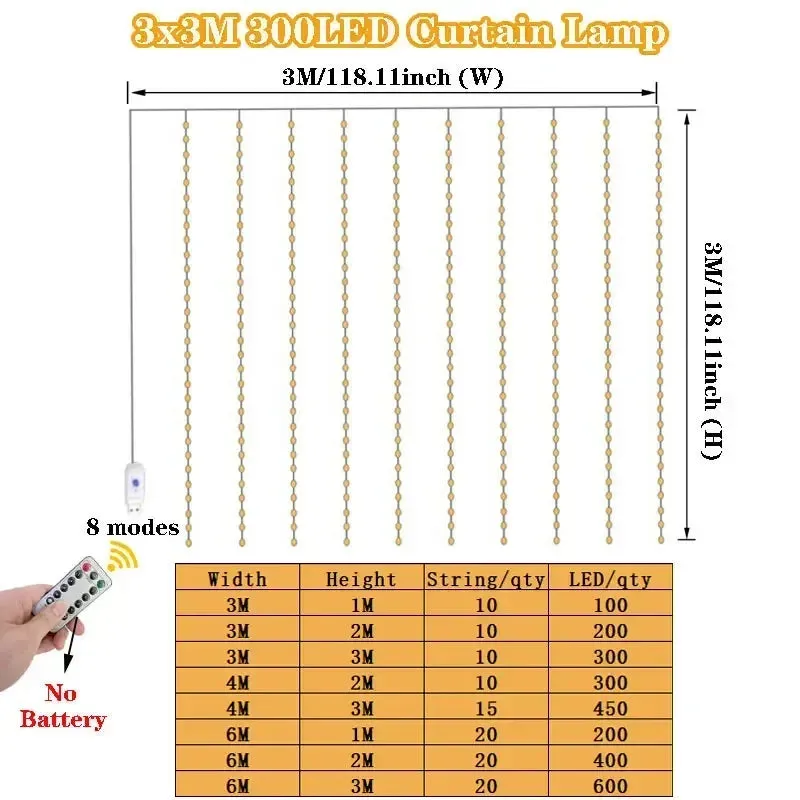 Yeknu 6/4/3M USB Curtain String Lights 8 Modes Bedroom Home Christmas Tree Garland Light Wedding Christmas Holiday Decor Fairy Lights