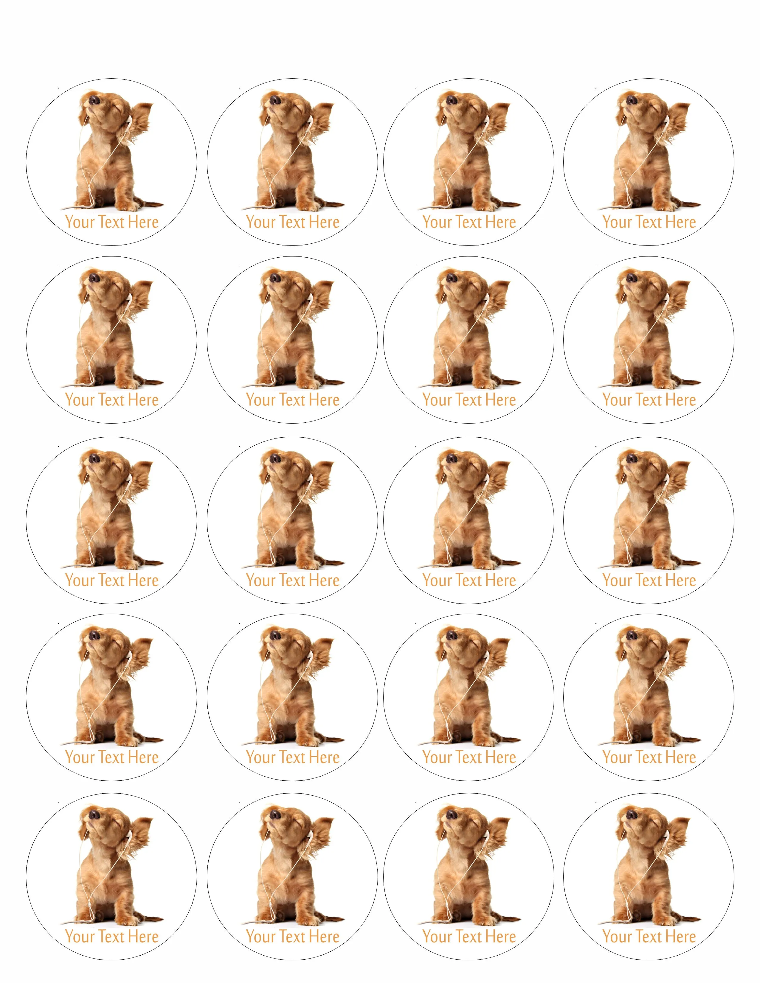 Young puppy listening to music - Edible Cake Topper, Cupcake Toppers, Strips