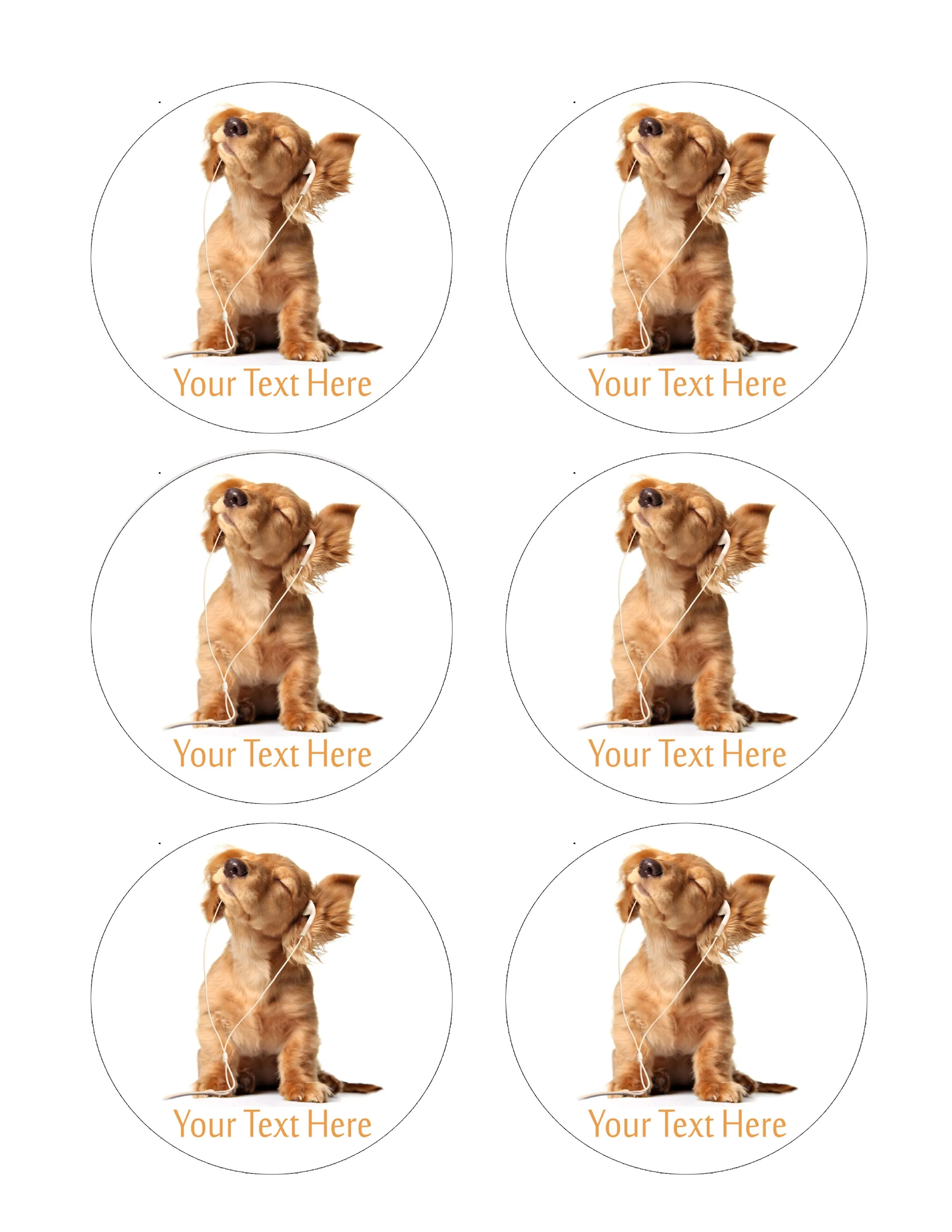 Young puppy listening to music - Edible Cake Topper, Cupcake Toppers, Strips