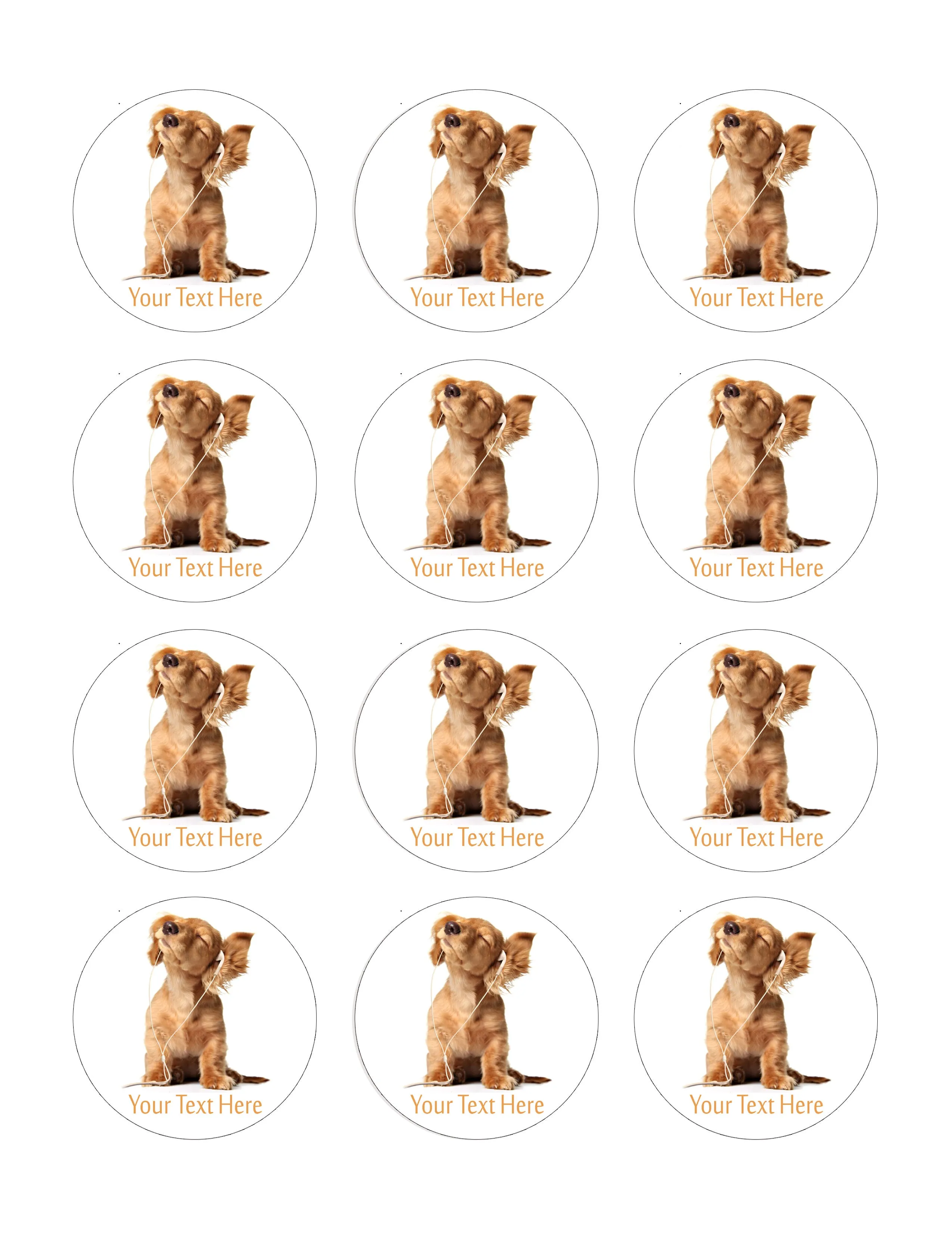Young puppy listening to music - Edible Cake Topper, Cupcake Toppers, Strips